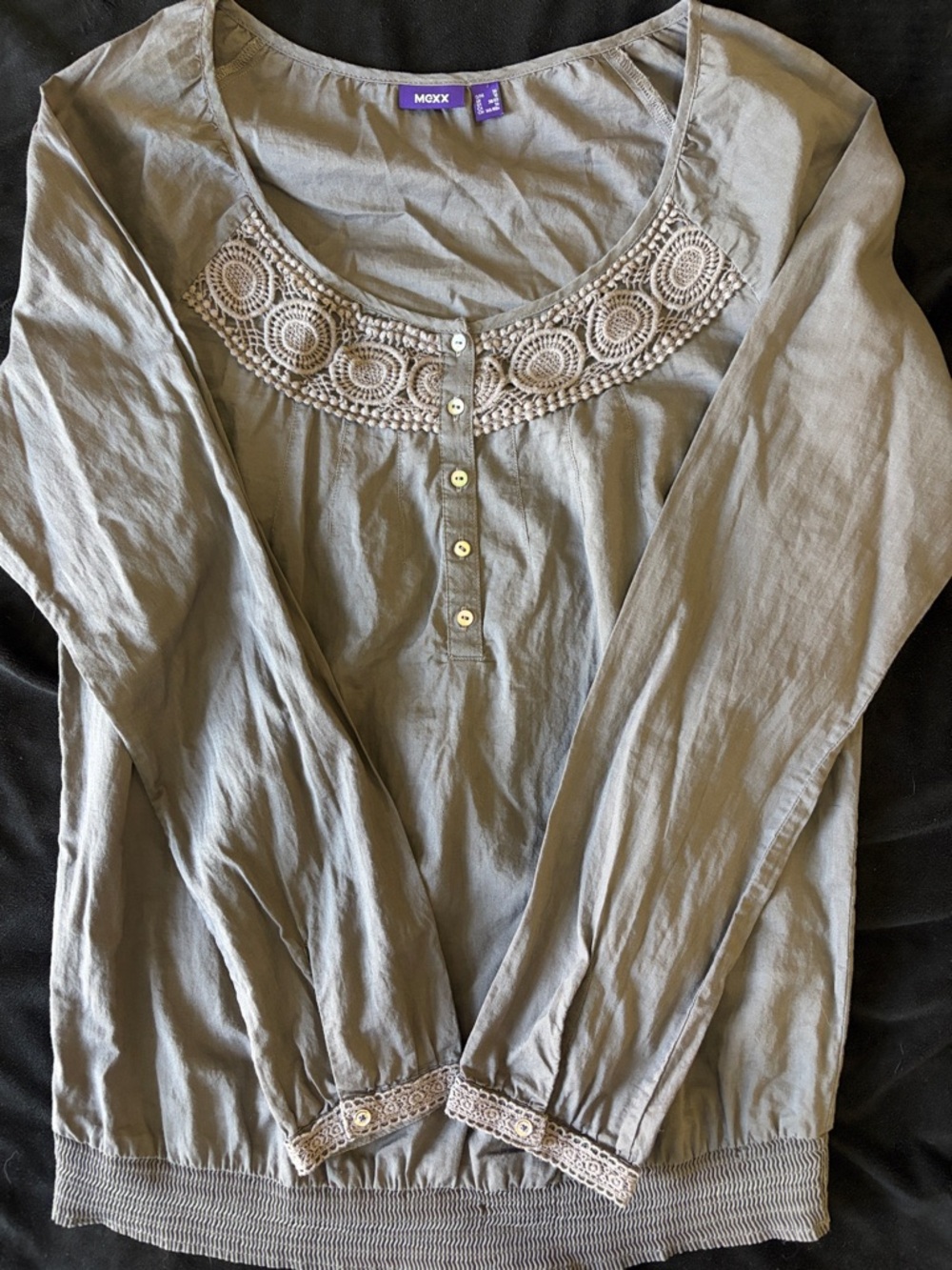 Mexx Sheer Grey Crochet-Trim Long Sleeve Henley Top